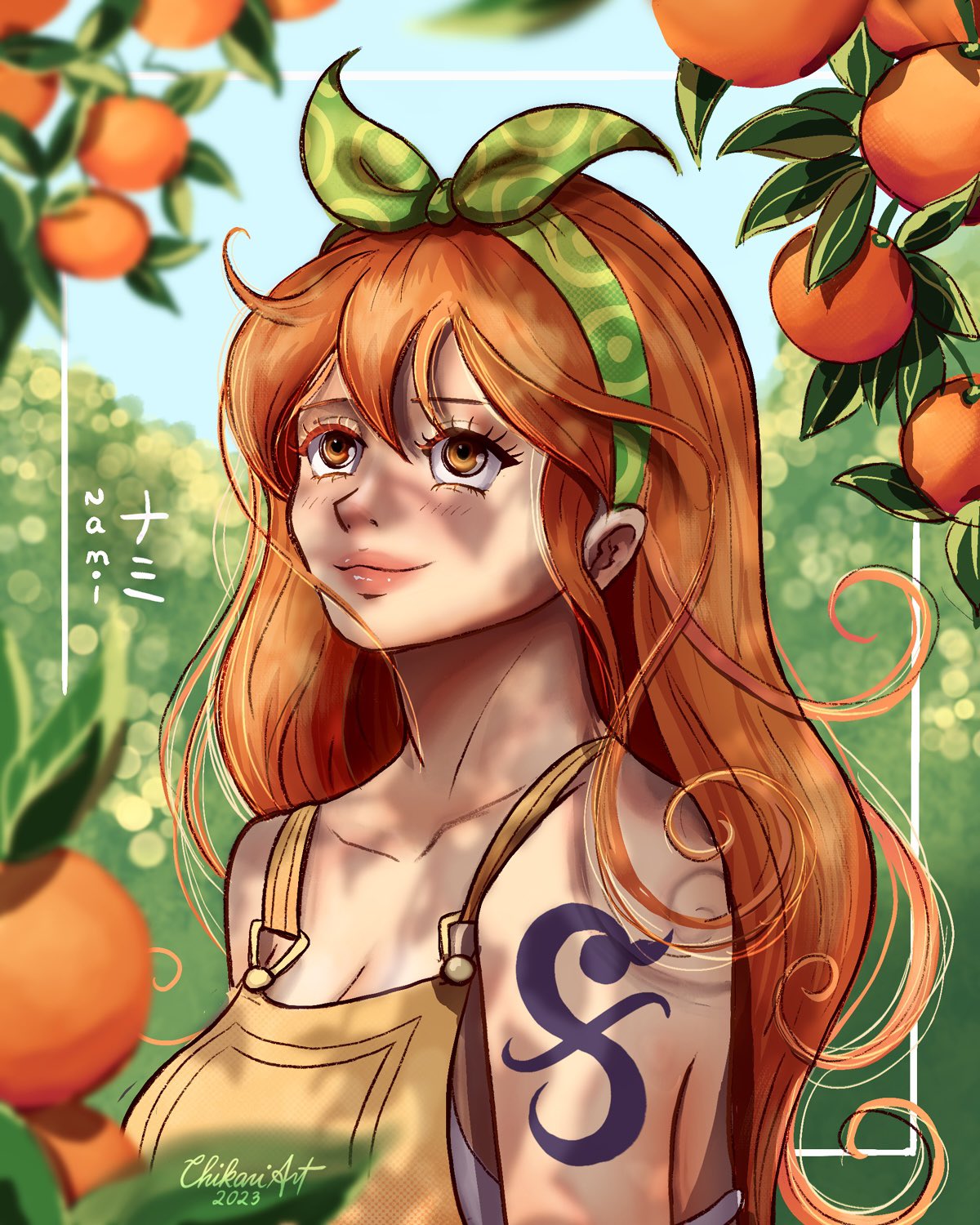 1girl, arm_tattoo, character_name, chikariart, commentary, english_commentary, eyelashes, food, fruit, hair_between_eyes, headband, highres, long_hair, looking_up, mandarin_orange, nami_(one_piece), one_piece, orange_eyes, orange_hair, overalls, pink_lips, signature, smile, solo, tattoo