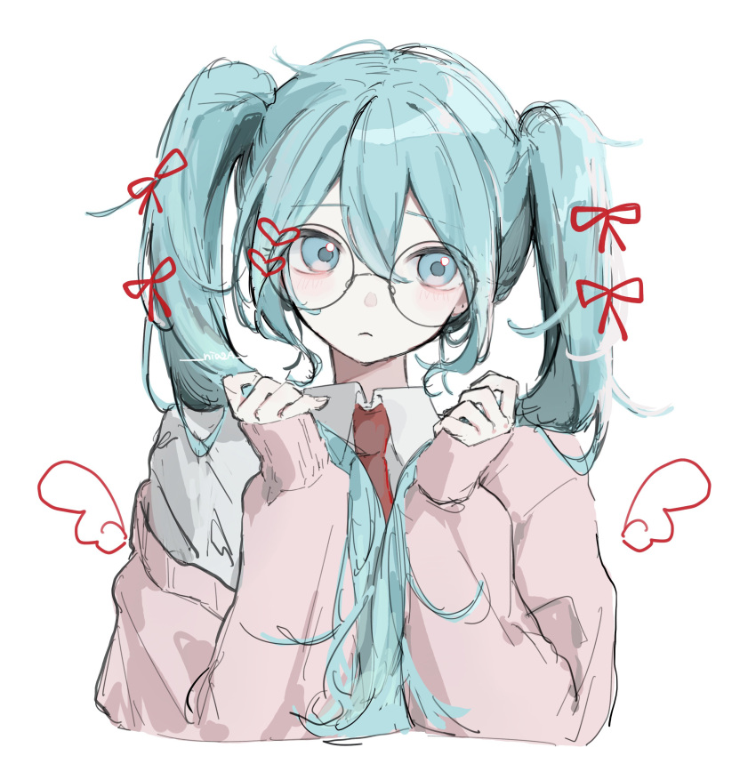 1girl, absurdres, aqua_eyes, aqua_hair, cardigan, closed_mouth, collared_shirt, drawn_wings