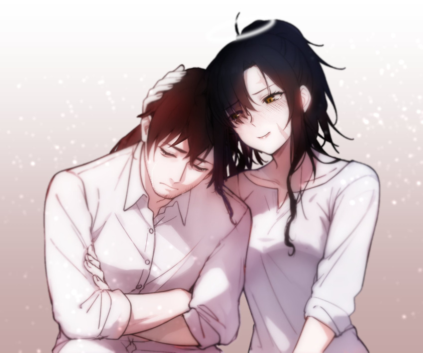1boy, 1girl, angelia_(girls'_frontline), art_undertaker, black_hair, blush, brown_eyes, closed_eyes