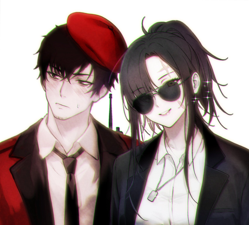 1boy, 1girl, angelia_(girls'_frontline), art_undertaker, black_hair, black_jacket, black_necktie, blush
