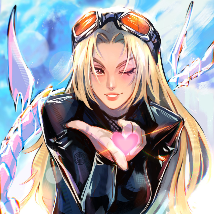 1girl, black_jacket, blonde_hair, blowing_kiss, blue_sky, bunnybelle22, commentary, english_commentary