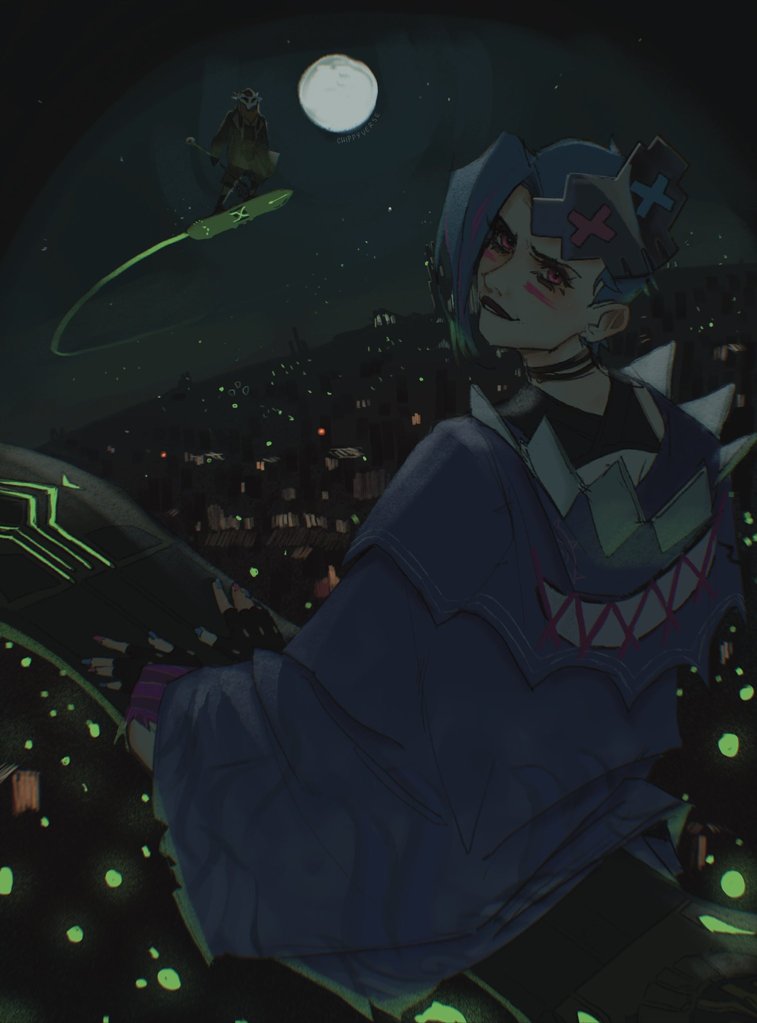 1boy, 1girl, arcane:_league_of_legends, asymmetrical_bangs, black_gloves, blue_hair, chippyverse, ekko_(league_of_legends), eye_mask, fingerless_gloves, gloves, highres, jinx_(league_of_legends), league_of_legends, mask, mask_on_head, moon, nail_polish, pink_eyes, short_hair, smile