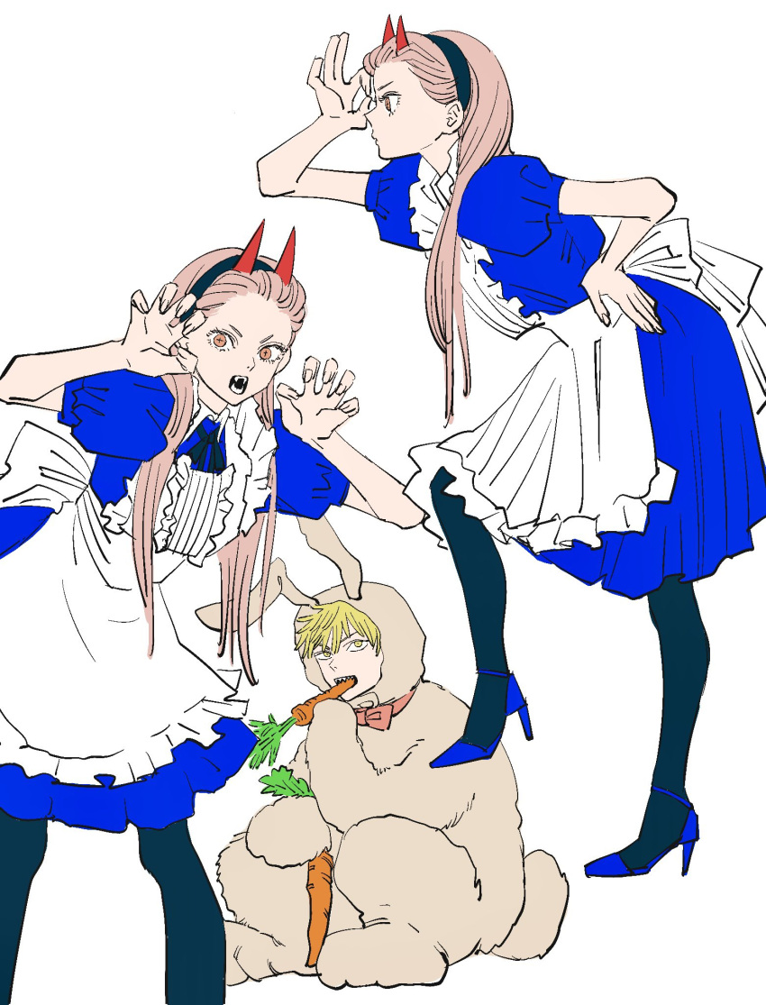 1boy, 1girl, alice_(alice_in_wonderland), alice_(alice_in_wonderland)_(cosplay), animal_costume, apron, blonde_hair, blue_dress