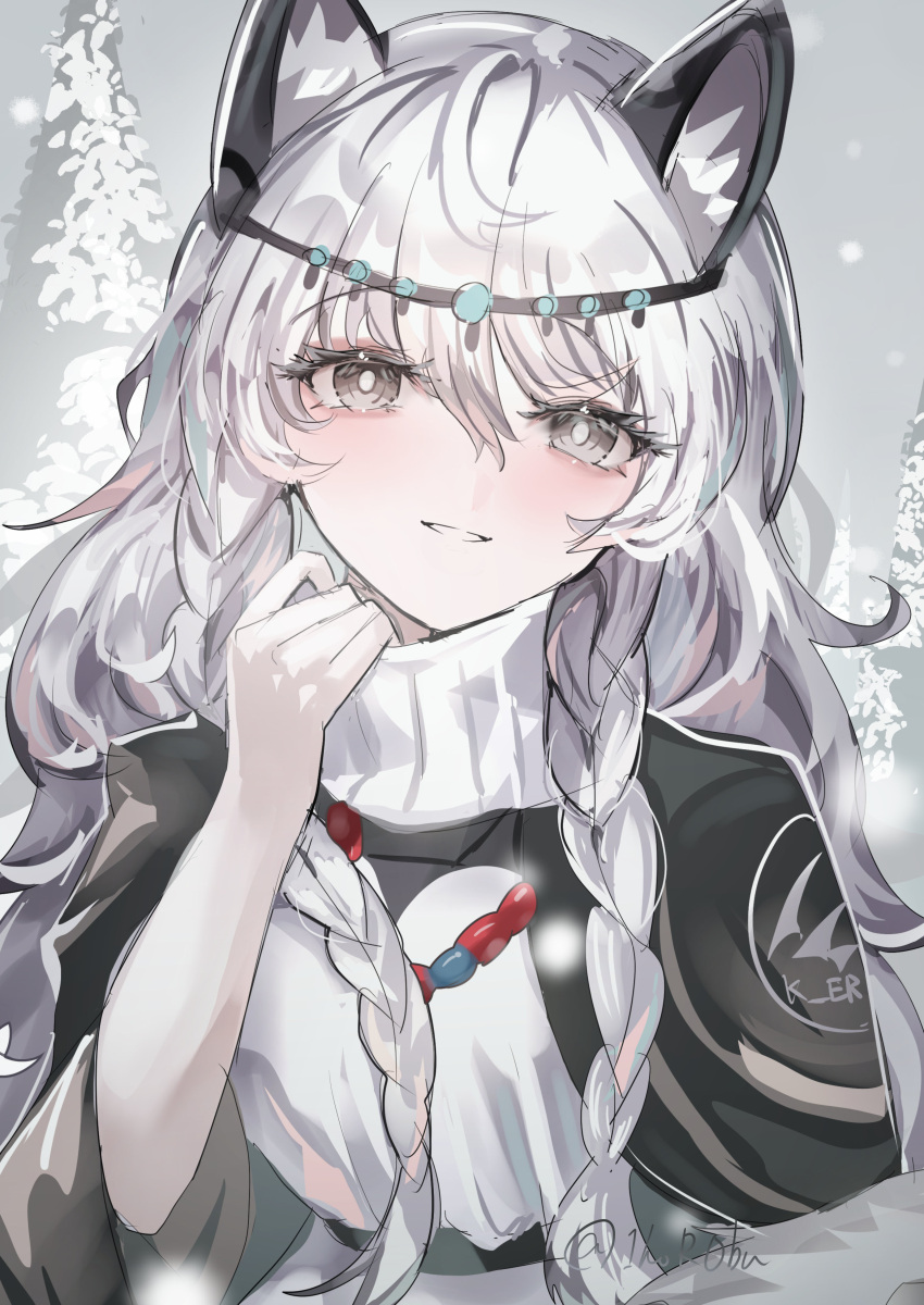 1girl, absurdres, animal_ears, arknights, arm_up, black_jacket, braid, bright_pupils, commentary, grey_eyes, hair_between_eyes, highres, horobu, jacket, light_blush, long_hair, looking_at_viewer, pramanix_(arknights), sketch, smile, solo, sweater, turtleneck, turtleneck_sweater, twin_braids, upper_body, white_hair, white_pupils, white_sweater