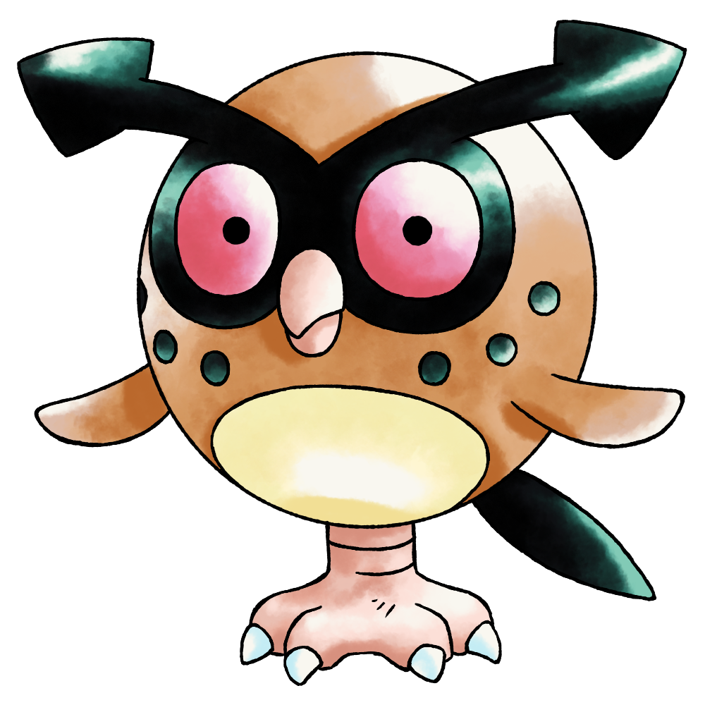 arrow_(symbol), bird, black_eyes, black_tail, circle_facial_mark, closed_mouth, colored_sclera, full_body, hoothoot, hoothoot_(prototype), long_eyebrows, looking_at_viewer, marking_on_cheek, no_humans, official_style, owl, pokemon_focus, pokemon_gsc_(prototype), prototype_design, raciebeep, red_sclera, simple_background, solo, standing, sugimori_ken_(style), tachi-e, transparent_background, watercolor_effect