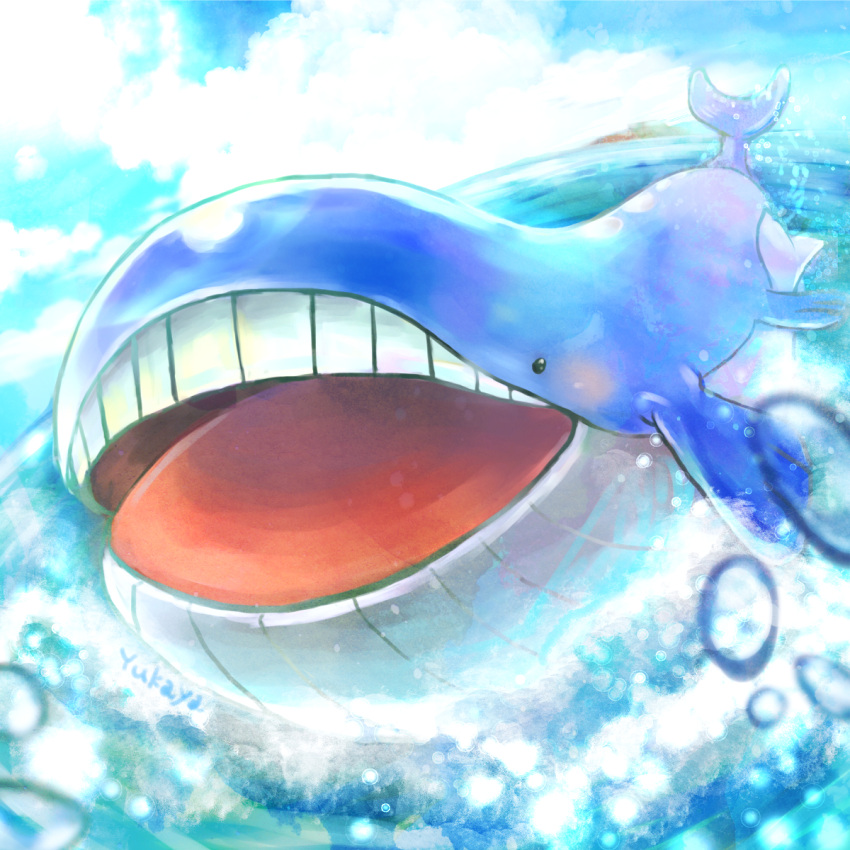 animal_focus, artist_name, blue_sky, clouds, commentary_request, day, highres, no_humans, open_mouth, pokemon, pokemon_(creature), sky, solo, spinning, teeth, upper_teeth_only, wailord, water, water_drop, whale, yurikiya