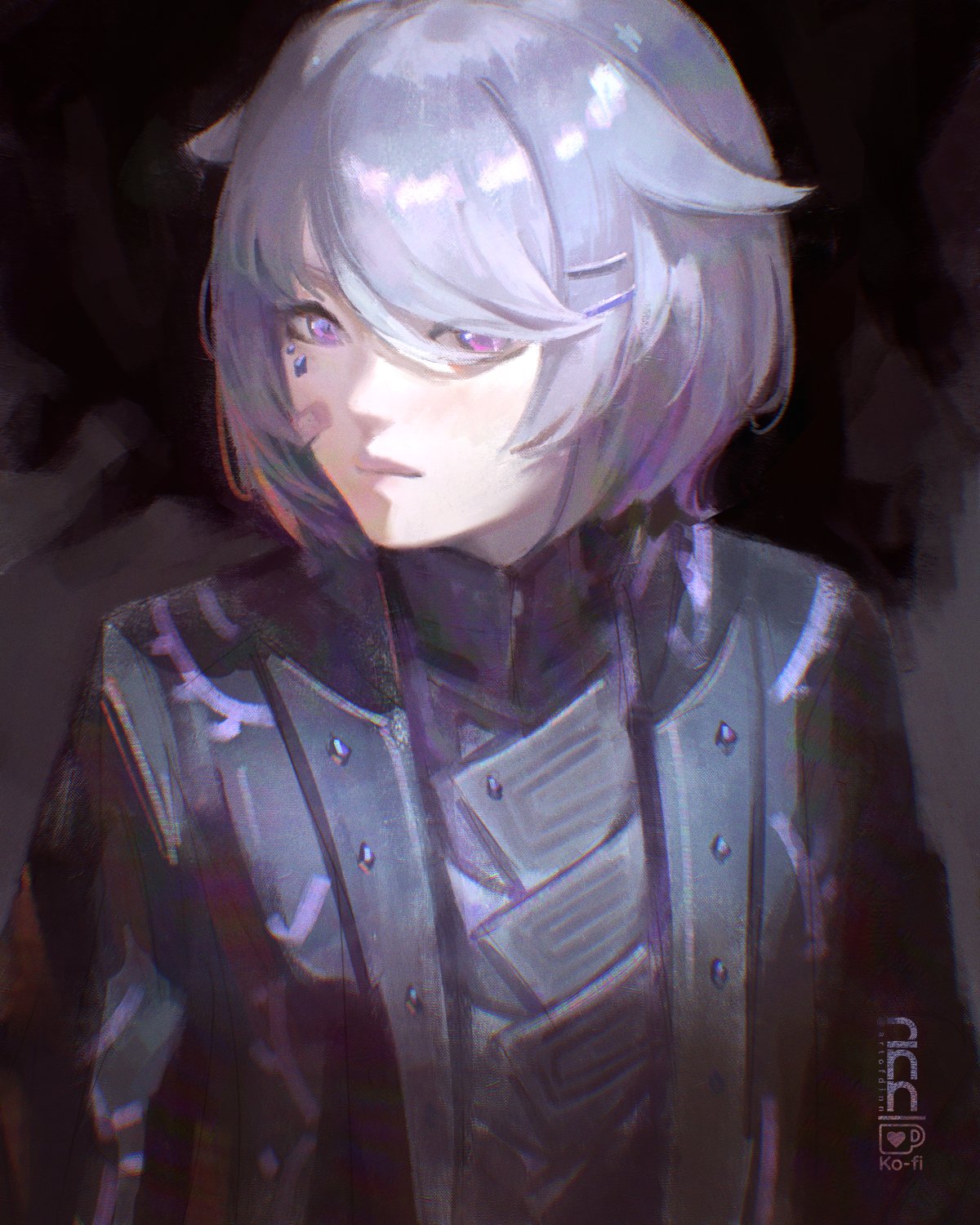1girl, bandaid, bandaid_on_face, black_coat, closed_mouth, coat, cosplay, devil_may_cry_(series)