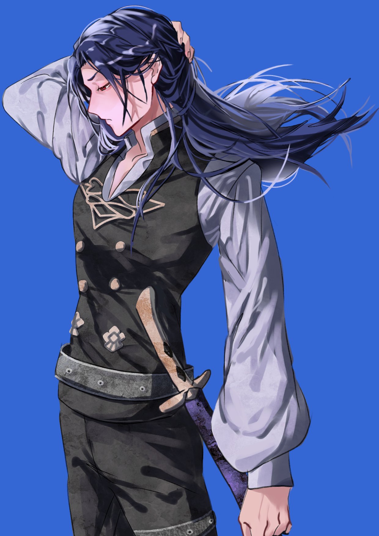 1boy, akitsu_123, alternate_hairstyle, arm_behind_head, arm_up, belt, black_pants, black_vest, blue_background, blue_hair, closed_mouth, collared_shirt, commentary_request, felix_hugo_fraldarius, fire_emblem, fire_emblem:_three_houses, floating_hair, frown, garreg_mach_monastery_uniform, hair_behind_ear, hand_on_own_head, highres, long_hair, long_sleeves, looking_down, male_focus, open_collar, orange_eyes, pants, popped_collar, profile, school_uniform, shirt, simple_background, solo, sword, vest, weapon, white_shirt