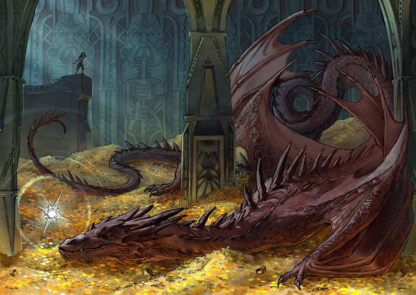 1boy, animal_focus, asteri_sirius, bilbo_baggins, closed_eyes, coin, column, dragon
