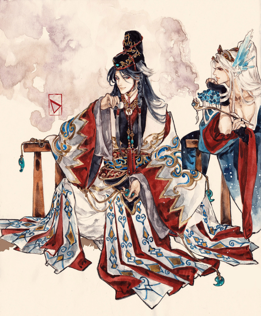 2boys, black_gloves, black_hair, black_hat, blue_eyes, blue_gemstone, blue_hanfu, braid
