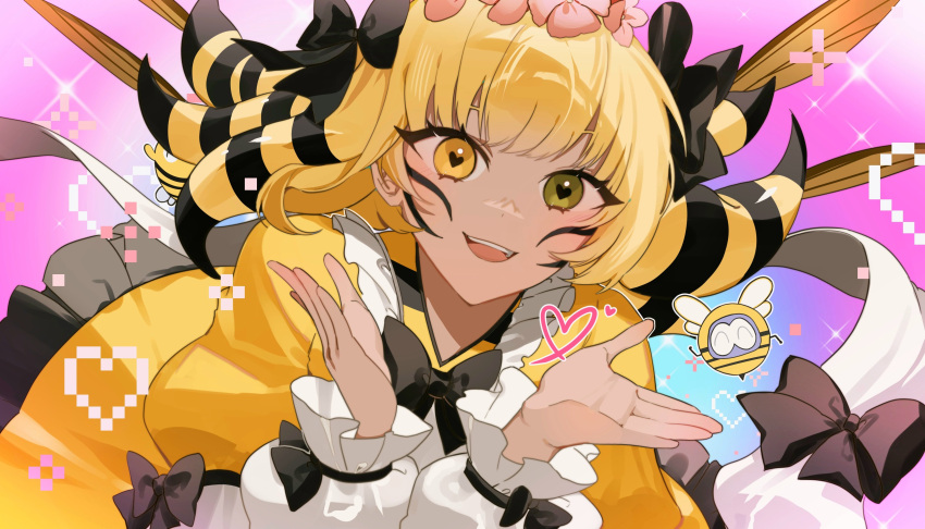 1girl, absurdres, arthropod_girl, bee, bee_girl, black_bow, black_bowtie, blonde_hair