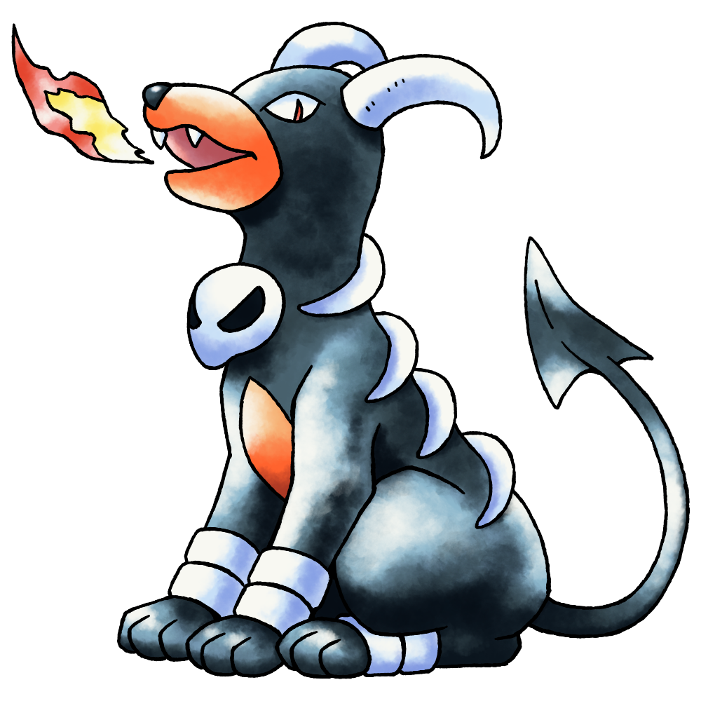 bangle, black_fur, black_tail, bracelet, breath_weapon, breathing_fire, curled_horns, dog