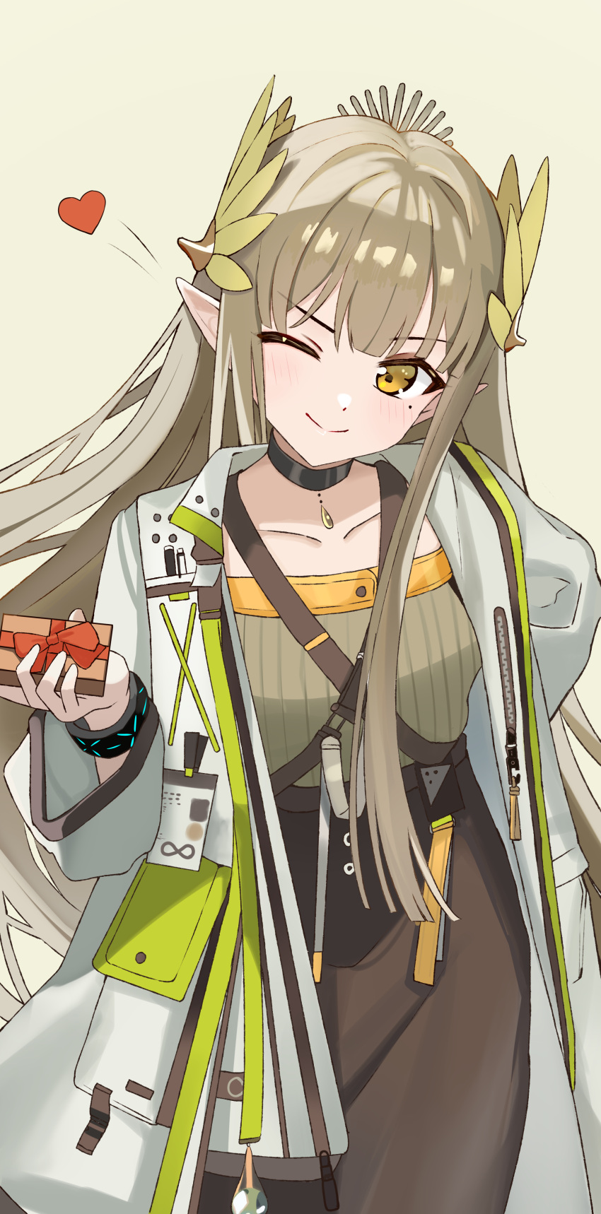 1girl, ;), absurdres, arknights, blush, brown_hair, closed_mouth, coat