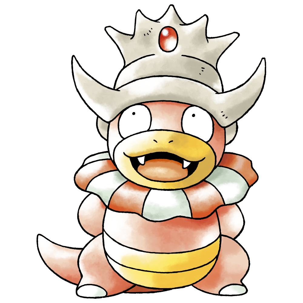 :3, arms_at_sides, black_eyes, colored_skin, crown, fangs, full_body, grey_hat, grey_horns, hat, horns, looking_up, neck_ruff, no_humans, nostrils, official_style, open_mouth, pink_skin, pink_tail, pokemon, pokemon_focus, pokemon_gsc, pokemon_gsc_(prototype), prototype_design, raciebeep, sanpaku, simple_background, slowking, solo, standing, straight-on, sugimori_ken_(style), tachi-e, transparent_background, upturned_eyes, watercolor_effect