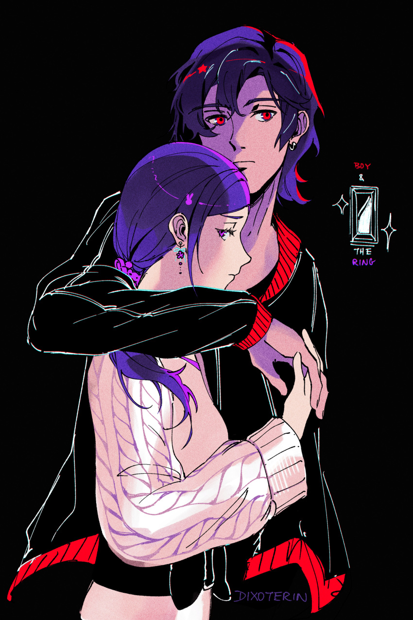 1boy, 1girl, absurdres, artist_name, black_background, black_jacket, closed_mouth, commentary
