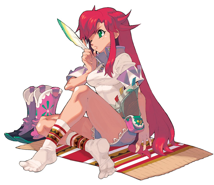 ahoge, bag, boots, breasts, feathers, feet, footwear, frown