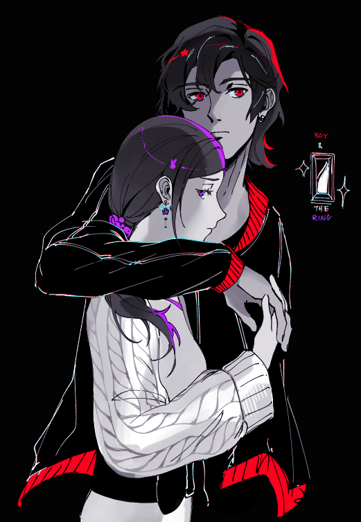 1boy, 1girl, artist_name, black_background, closed_mouth, commentary, dixoterin, earrings, eyelashes, from_side, gem, holding_hands, jacket, jewelry, junpei_(kyokugen_dasshutsu), kyokugen_dasshutsu, long_hair, long_sleeves, murasaki_(kyokugen_dasshutsu), ponytail, red_eyes, short_hair, simple_background, sparkle, spot_color, star_(symbol), sweater, symbol-only_commentary, upper_body, violet_eyes, zero_escape:_toki_no_jirenma
