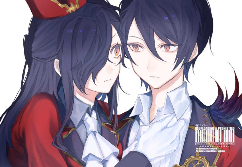 2boys, black_hair, brown_hair, crossdressing, feathers, gloves, hat, jacket, long_hair, long_sleeves, multiple_boys, natsuki_subaru, re:zero_kara_hajimeru_isekai_seikatsu, red_hat, red_jacket, s_ci1111, serious, shirt, short_hair, simple_background, vincent_vollachia, white_background, white_gloves, white_shirt