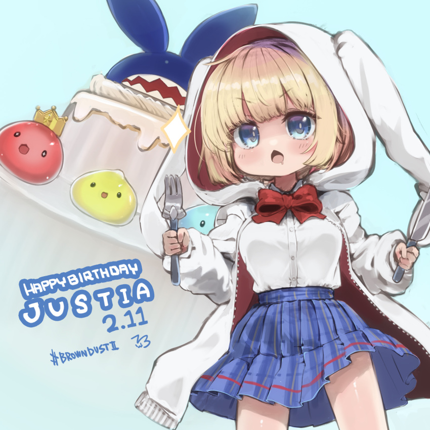 1girl, animal_ear_hood, blonde_hair, blue_background, blue_eyes, blue_skirt, blush, blush_stickers