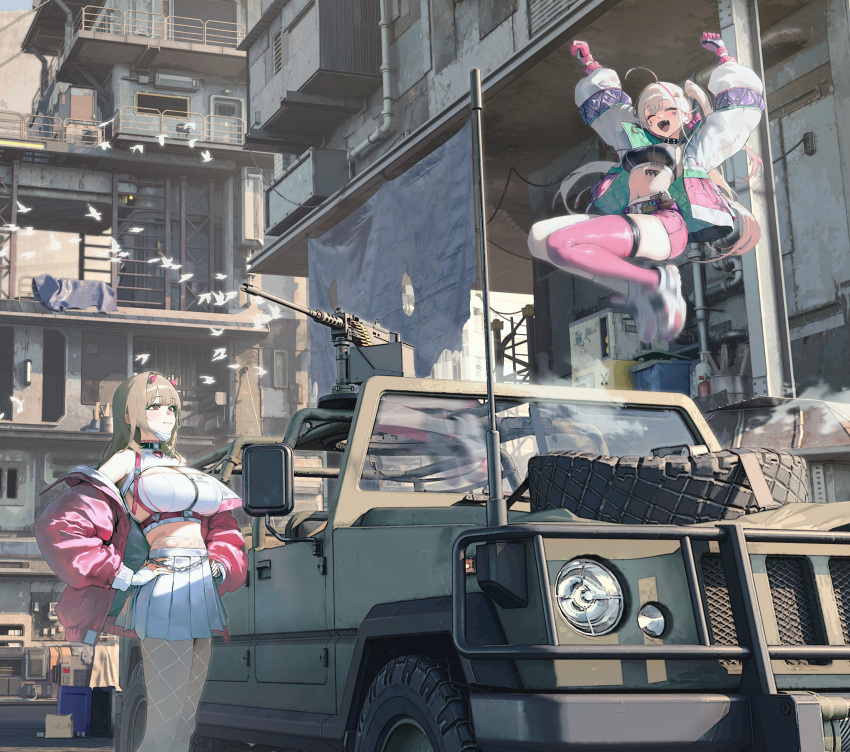 2girls, :d, absurdres, ahoge, arms_up, asymmetrical_legwear, bare_shoulders, bird