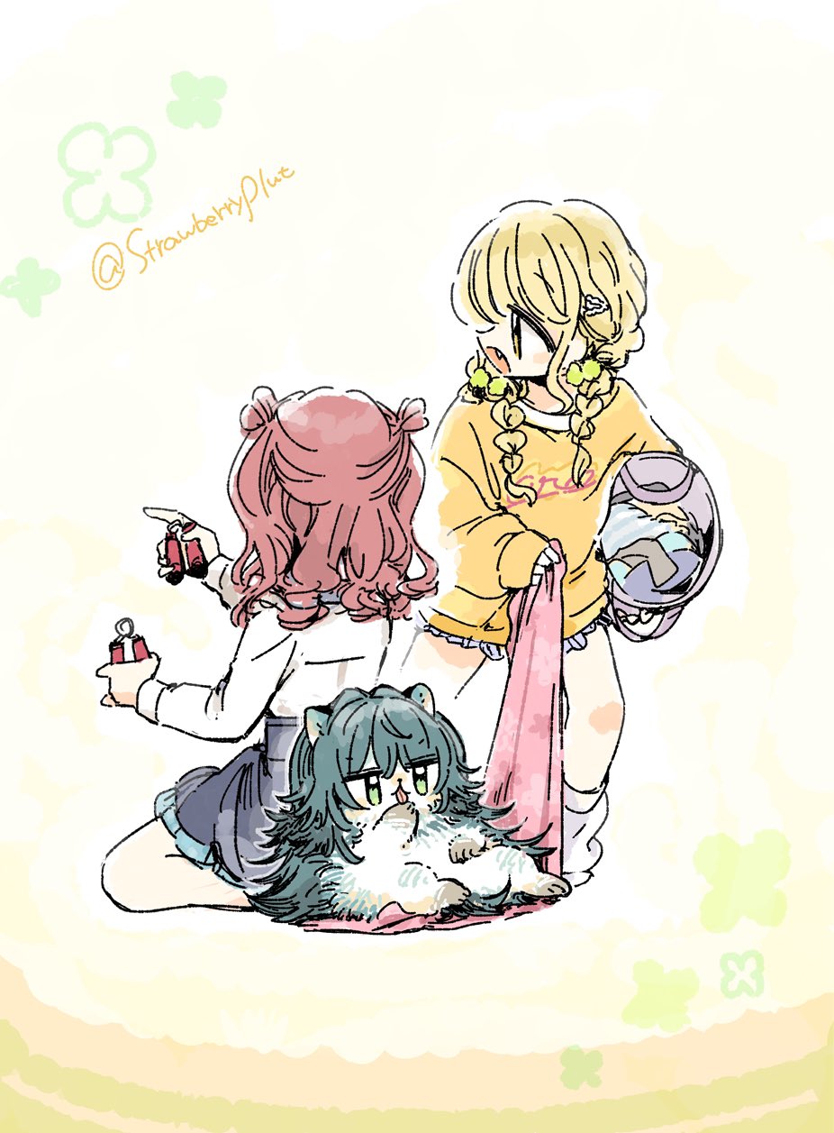 2girls, animalization, blonde_hair, blue_overskirt, blue_skirt, braid, brown_hair, cabocha8
