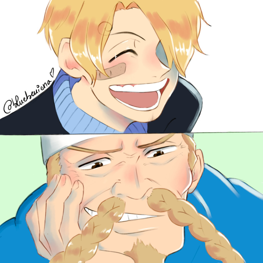 2boys, ^_^, bandaid, bandaid_on_face, black_jacket, blue_shirt, blueberriena, braided_mustache