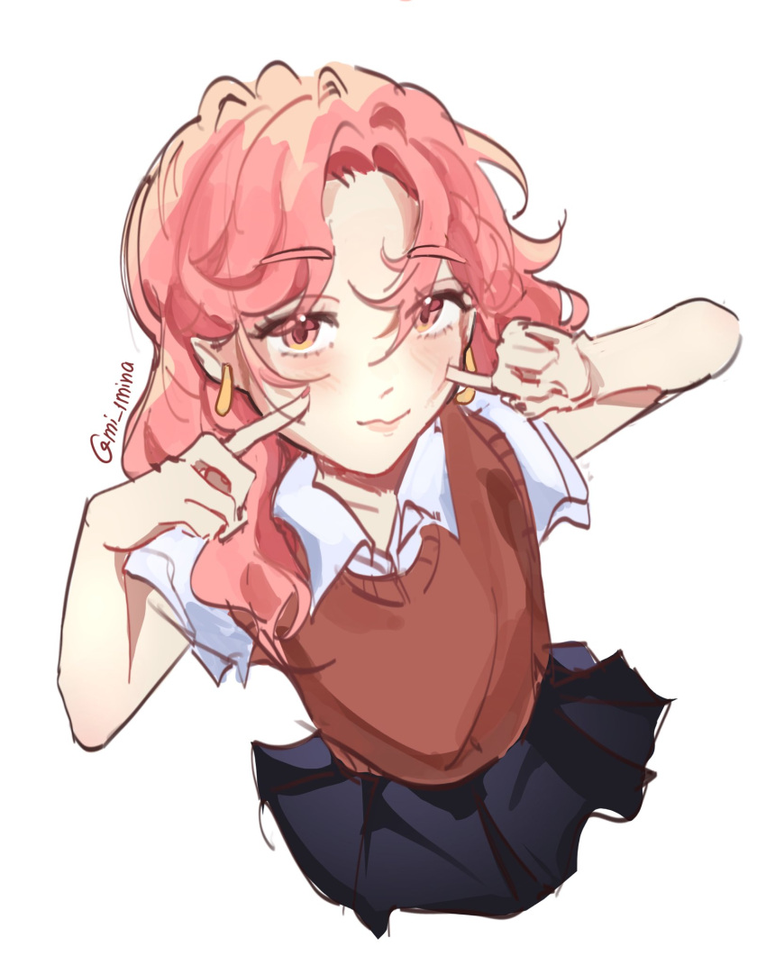 1girl, black_skirt, blush, brown_sweater_vest, cheek_poking, collared_shirt, commentary, cropped_legs