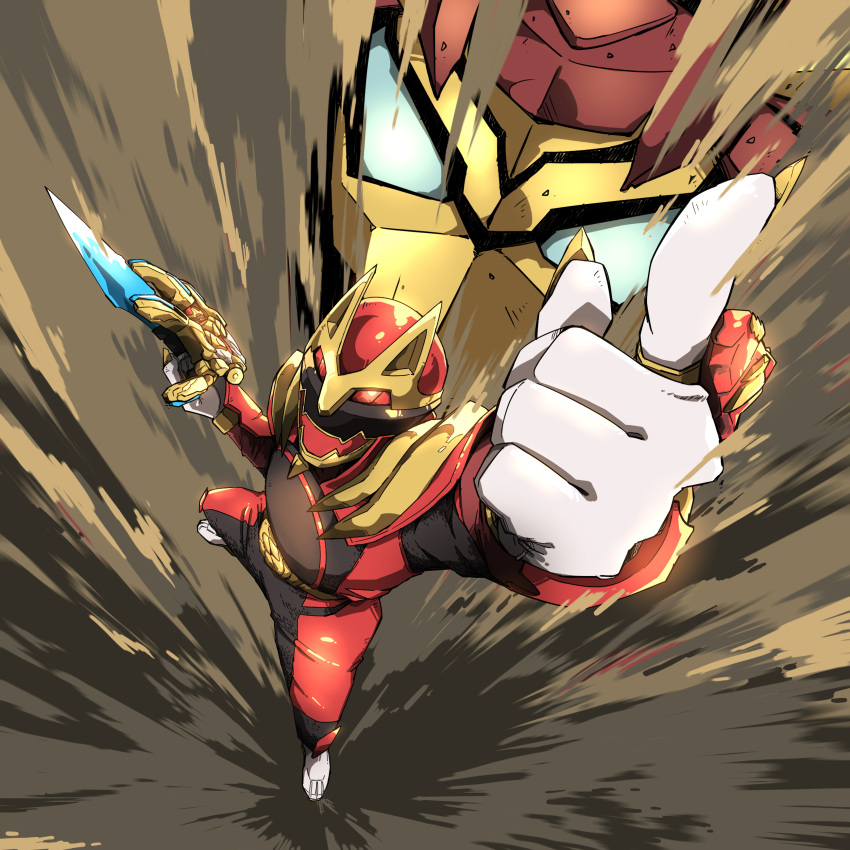 1boy, absurdres, arm_blade, dust, from_above, gozyuwolf, helmet, highres, male_focus, mecha, naitsupic, no.1_sentai_gozyuger, pointing, pointing_up, robot, super_sentai, tega_sword_red, weapon