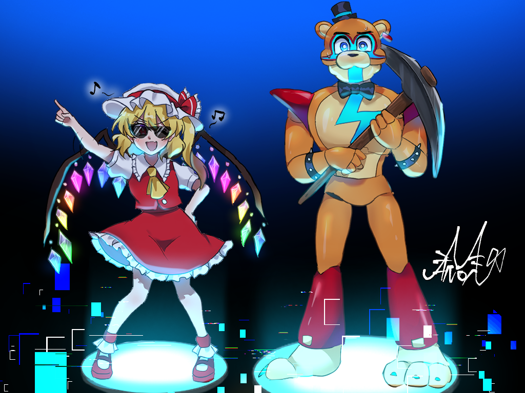 1boy, 1girl, animal_ears, animatronic, ascot, bear_boy, bear_ears, black_bow, black_bowtie, blonde_hair, blush, bow, bowtie, closed_mouth, collar, collared_shirt, dancing, duo, five_nights_at_freddy's, flandre_scarlet, fortnite, freddy_fazbear, frilled_shirt_collar, frilled_skirt, frilled_socks, frills, glamrock_freddy, glitch_techs, hat, hat_ribbon, holding, holding_pickaxe, looking_at_viewer, looking_back, manon0127, mini_hat, mob_cap, musical_note, nervous, nervous_sweating, paws, pickaxe, pointy_ears, puffy_short_sleeves, puffy_sleeves, rainbow_wings, red_eyes, red_ribbon, red_skirt, red_vest, ribbon, robot, shirt, shoes, short_hair, short_sleeves, signature, skirt, skirt_set, sleeve_bow, smile, socks, solo, spiked_armlet, spiked_bracelet, spikes, tongue, top_hat, touhou, vest, white_hat, white_shirt, wings, wink, yellow_ascot, yellow_bow