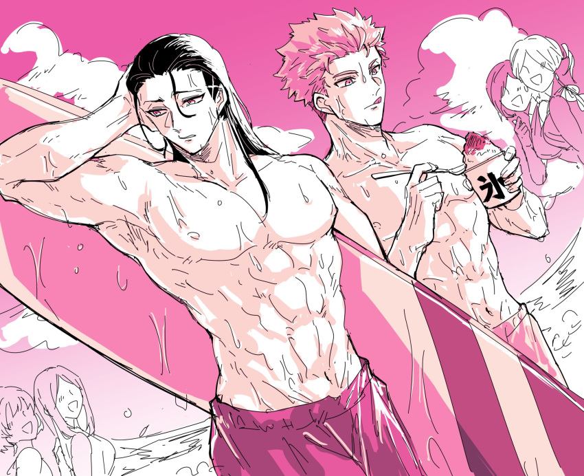 baroku_iroiro, barou_shouei, beach, blue_lock, highres, kunigami_rensuke, long_hair, muscular