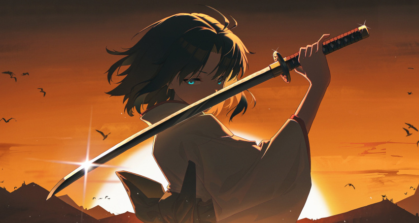 1girl, ahoge, black_hair, blue_eyes, brown_hair, enoharatoki, fate/grand_order, fate_(series), highres, holding, holding_weapon, japanese_clothes, kara_no_kyoukai, katana, kimono, looking_at_viewer, mystic_eyes_of_death_perception, ryougi_shiki, sash, short_hair, solo, sword, void_shiki, weapon, white_kimono, wide_sleeves