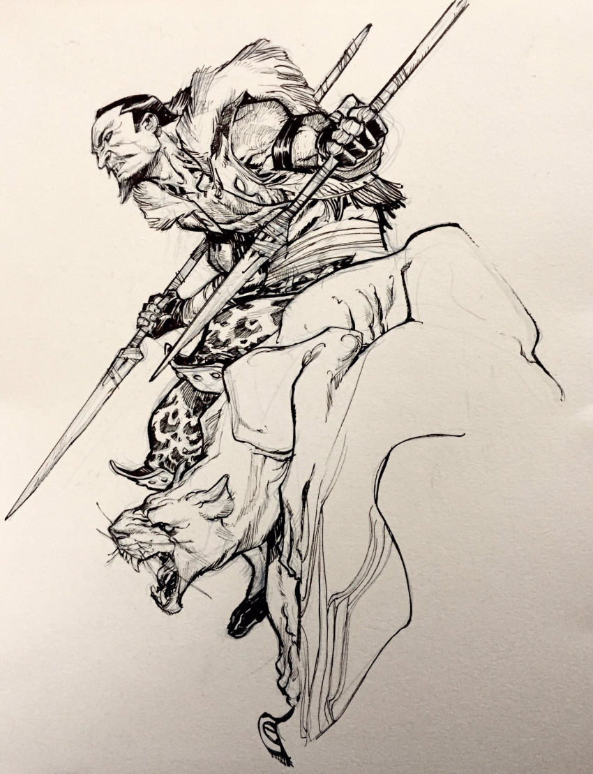 animal_print, arm_hair, black_hair, chest_hair, dual_wielding, eric_canete, facial_hair, fangs