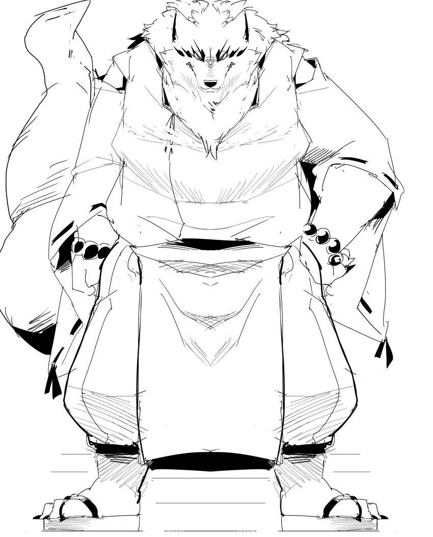 1boy, absurdres, animal_ears, animal_nose, bead_bracelet, beads, bracelet, fox_boy, fox_ears, furry, gingitsune_(ochiai_sayuri), gintarou, greyscale, highres, japanese_clothes, jewelry, looking_at_viewer, makeup, male_focus, monochrome, sandals, simple_background, takotyutyu, white_background