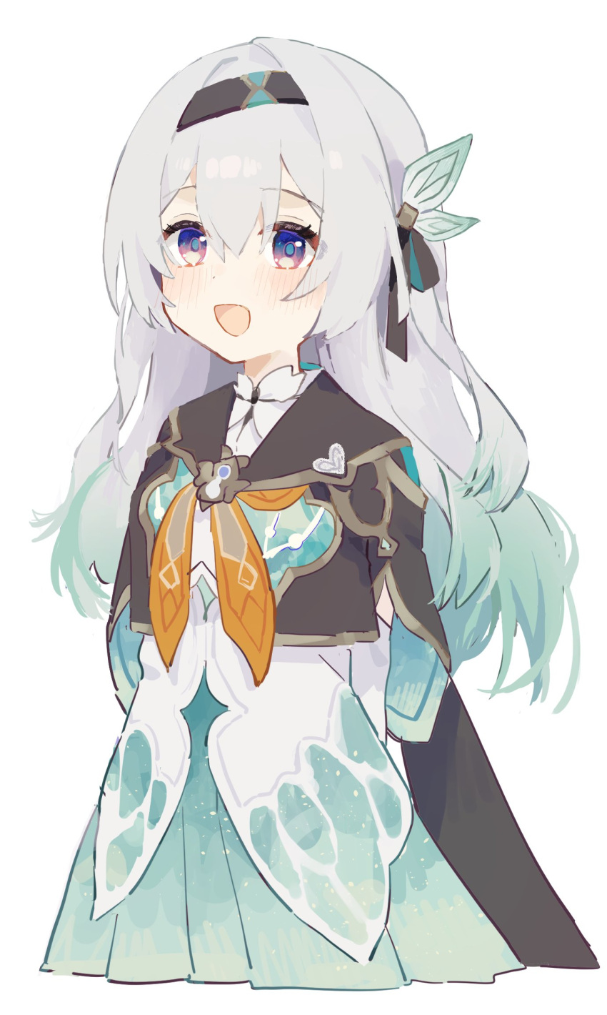 black_hairband, blush, firefly_(honkai:_star_rail), grey_hair, hair_between_eyes, hair_intakes, hair_ornament, hair_ribbon