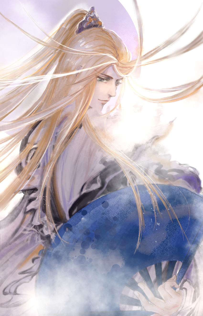 1boy, absurdres, backlighting, blonde_hair, chinese_clothes, closed_mouth, floating_hair, from_side