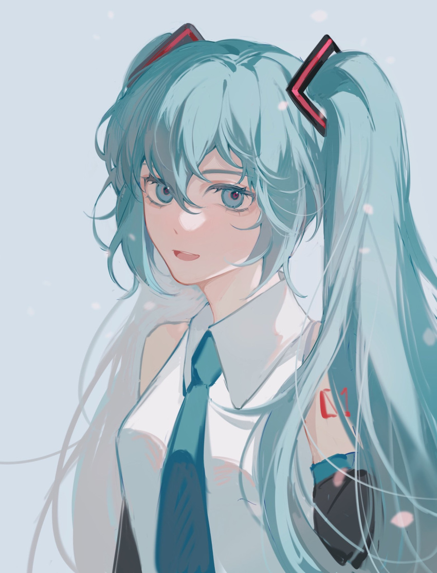 1girl, aqua_eyes, aqua_hair, aqua_necktie, arm_tattoo, collared_shirt, falling_petals, hair_between_eyes, hair_ornament, hashtag-only_commentary, hatsune_miku, highres, looking_at_viewer, necktie, petals, shirt, sidelocks, sleeveless, smile, solo, tattoo, twintails, upper_body, vocaloid, white_shirt, yuanwei_shaoya