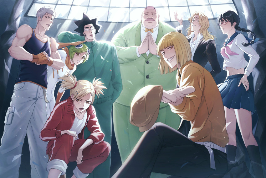 3girls, 5boys, absurdres, aikawa_love, backlighting, bare_shoulders, black_hair, black_pants