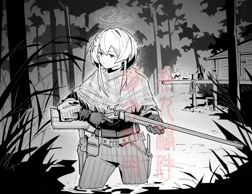1boy, 1girl, absurdres, belt, canteen, cross_hair_ornament, dated_commentary, dock