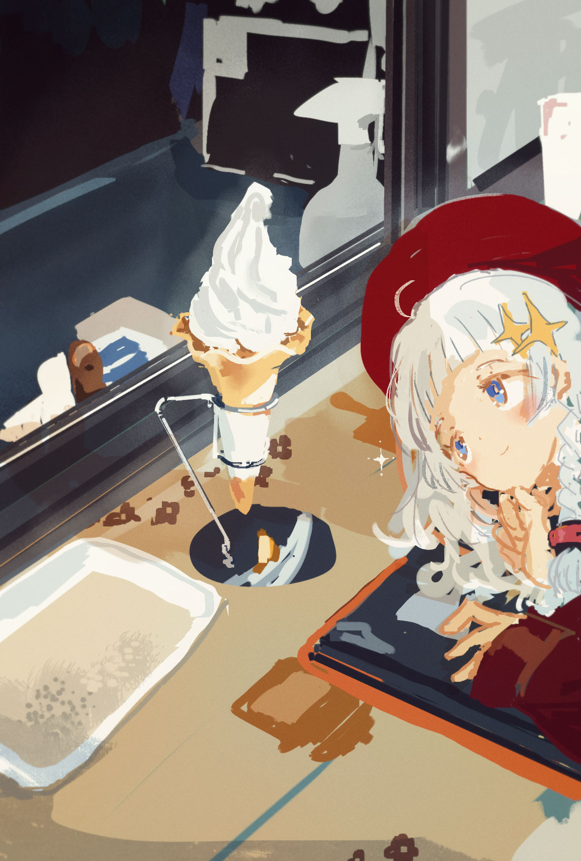 1girl, a.i._voice, beret, blue_eyes, blunt_bangs, blush, braid, closed_mouth