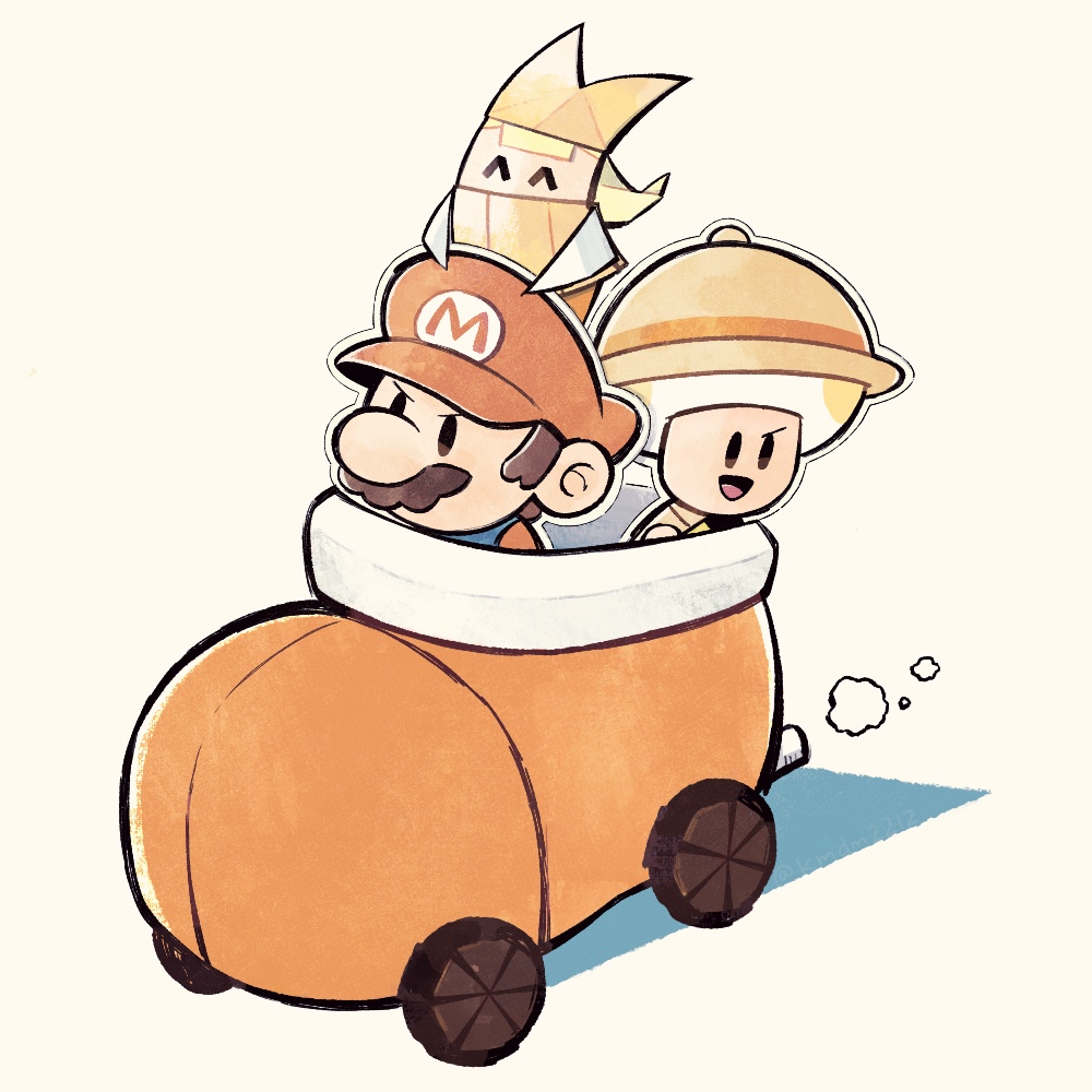 1boy, 1girl, ^_^, big_nose, black_eyes, blonde_hair, blue_overalls, brown_hair