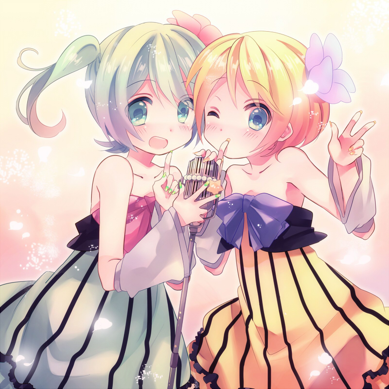 2girls, aqua_eyes, aqua_hair, bad_id, blonde_hair, blue_eyes, blush, colorful_x_melody_(vocaloid)