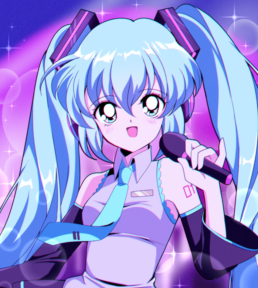 1990s_(style), 1girl, :d, arm_tattoo, blue_eyes, blue_hair, blue_necktie, blush