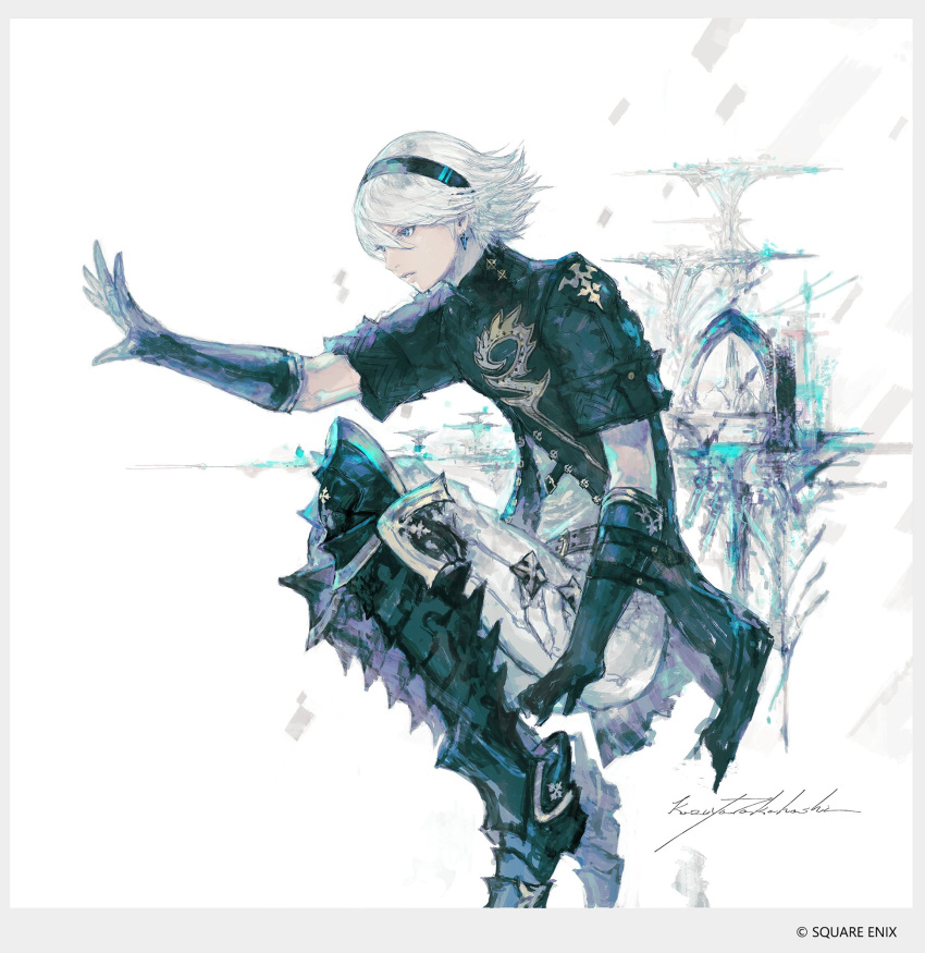 1boy, armor, belt, black_gloves, black_hairband, blue_eyes, copyright_notice, earrings