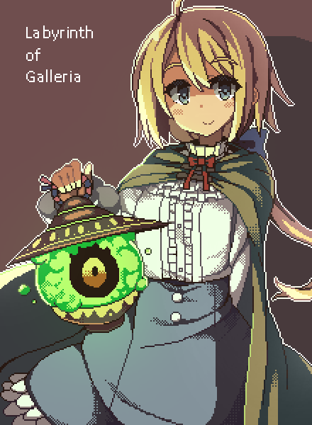 1girl, 1other, ahoge, blonde_hair, blue_eyes, blue_skirt, blush, brown_background