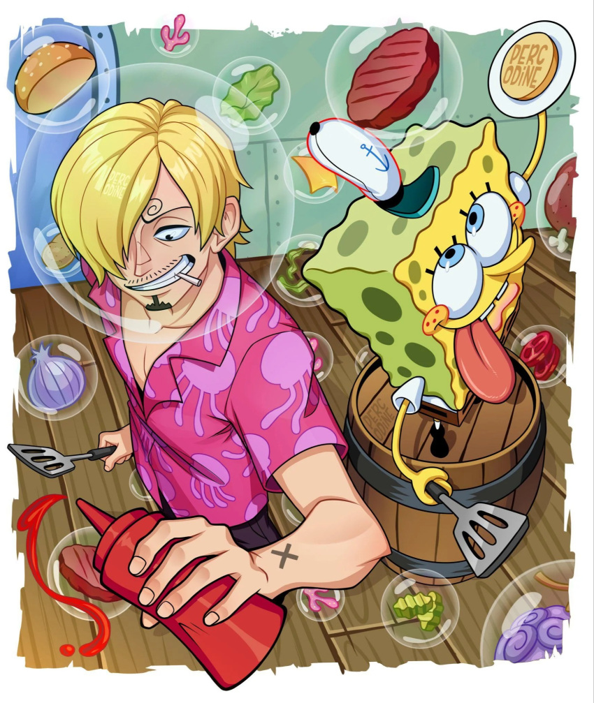 cooking, hamburger, krabby_patty, multiple_boys, one_piece, percodine, sanji_(one_piece), short_hair