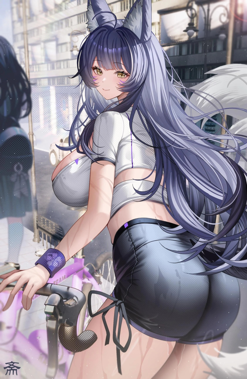 animal_ears, azur_lane, bicycle, bike_shorts, fox_ears, fox_tail, long_hair, multiple_girls