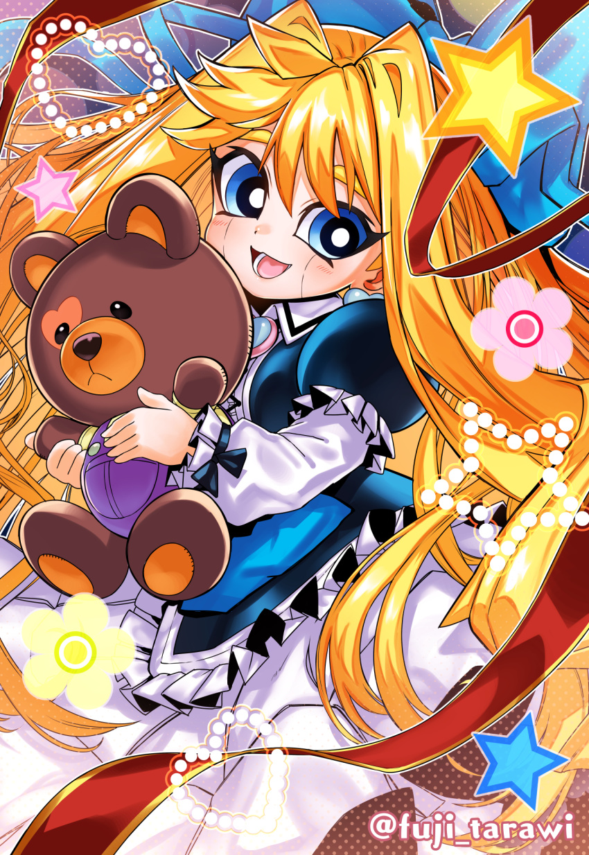 1girl, black_dress, blonde_hair, blue_eyes, blue_ribbon, doll, doll_joints, doll_monster_bear-bear, dress, duel_monster, fuji_tarawi, gothic_lolita, highres, holding, holding_doll, holding_teddy_bear, joints, lolita_fashion, long_hair, looking_at_viewer, open_mouth, princess_cologne, ribbon, smile, solo, star_(symbol), stuffed_animal, stuffed_toy, teddy_bear, very_long_hair, yu-gi-oh!