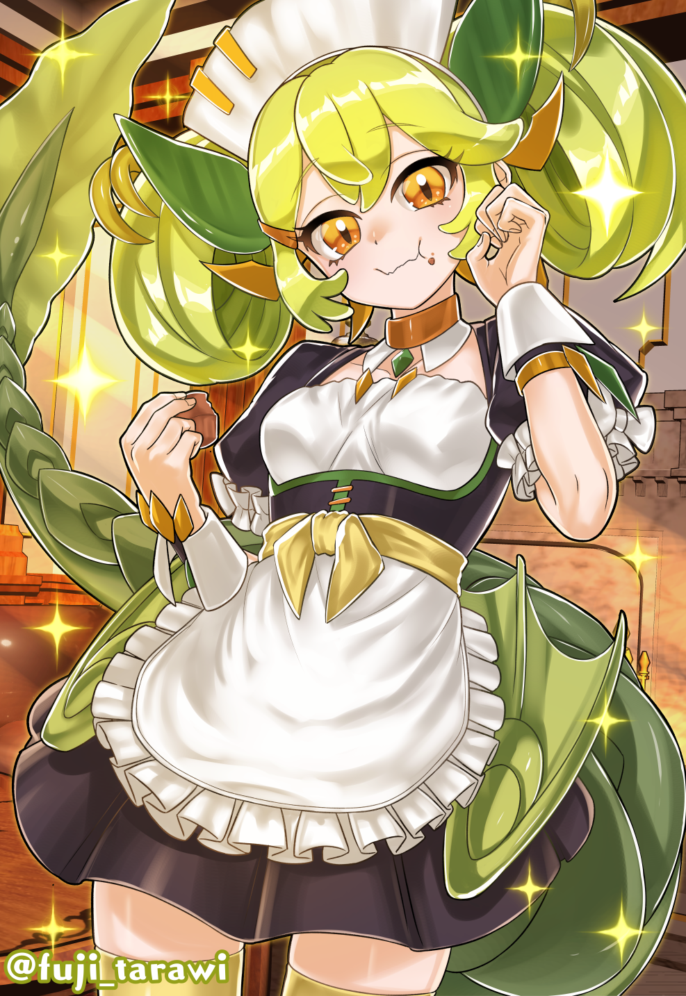 1girl, black_dress, cookie, cowboy_shot, dragon_girl, dragon_tail, dress, duel_monster