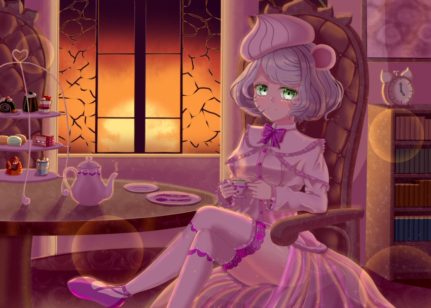 1girl, adeka, clock, cream_teddy_(show_by_rock!!), food, highres, mouse_ears, mouse_girl