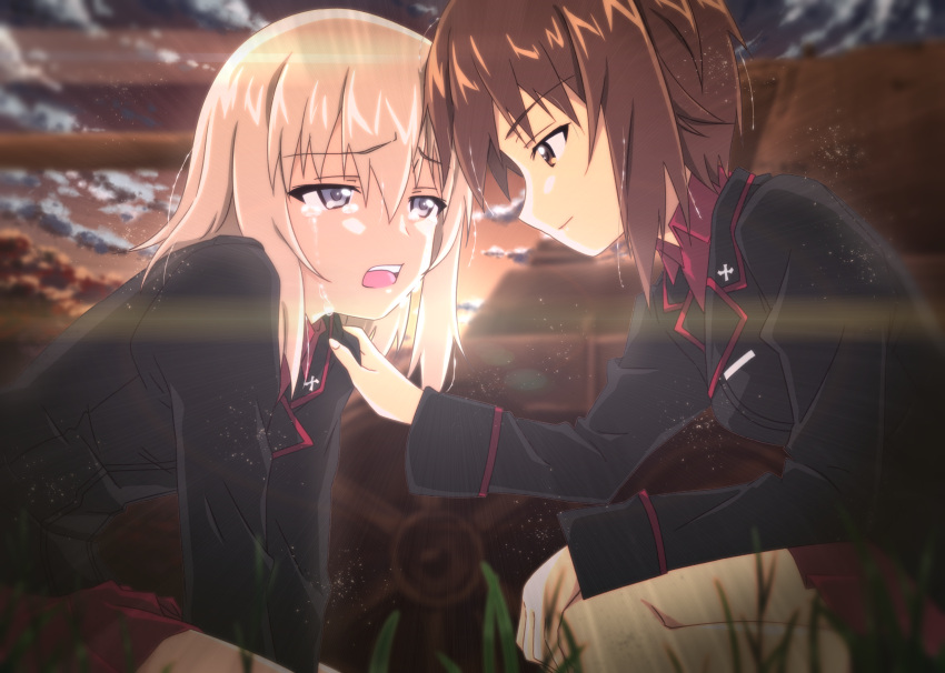 2girls, black_jacket, blue_eyes, brown_eyes, brown_hair, closed_mouth, clouds, collared_shirt